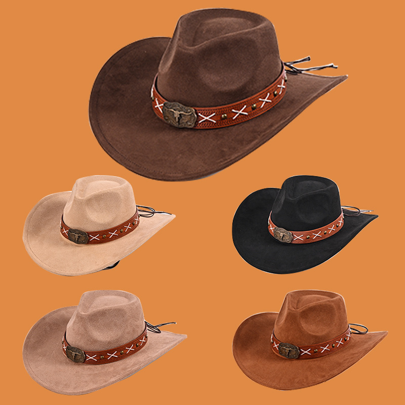 Ethnic style cow head logo western cowboy hat, foreign trade western Xizang-style hat, curved brim vintage riding hat, jazz hat
