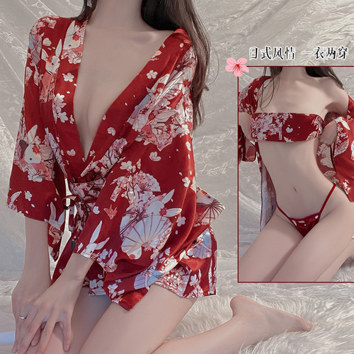 Red floral Sexy lingerie sexy deep V temptation Japanese printing thin kimono uniform nightclub wear