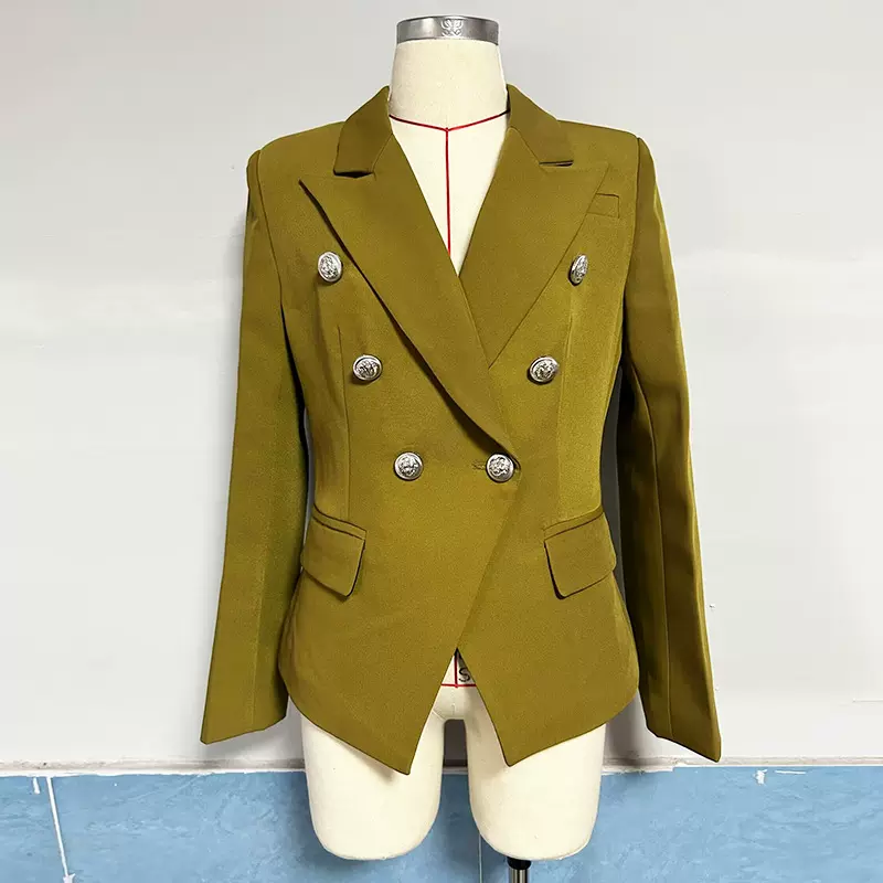 工厂直销高级设计感小西装女装2024新款职业双排扣修身外套军绿色