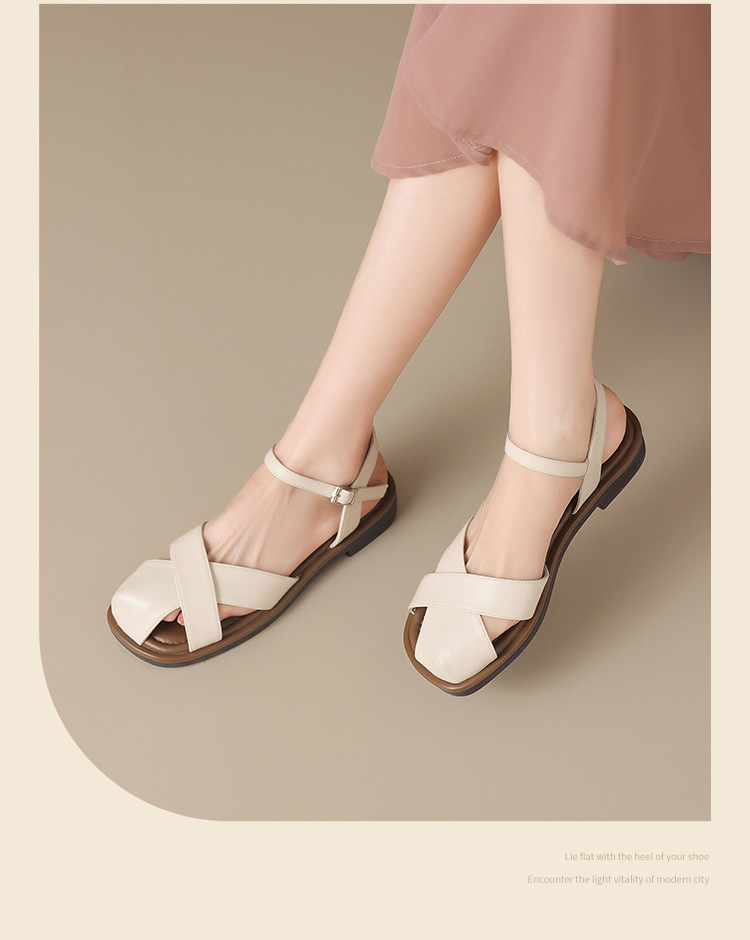 Sandal nữ quai ngang kiểu La Mã phong cách Pháp, mũi hở bán bít, đế bằng thoáng khí — KN38 màu be chi tiết 15