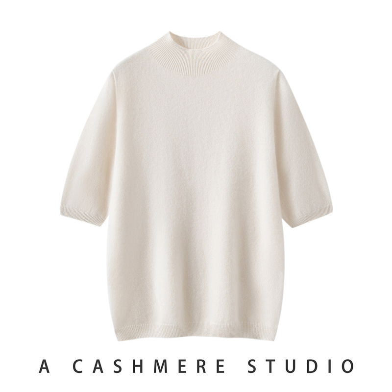 100% Cashmere Seamless One-Line Ready-To-Wear Women's Cashmere Short-Sleeved Half Turtleneck Short-Sleeved Bab Cashmere Base