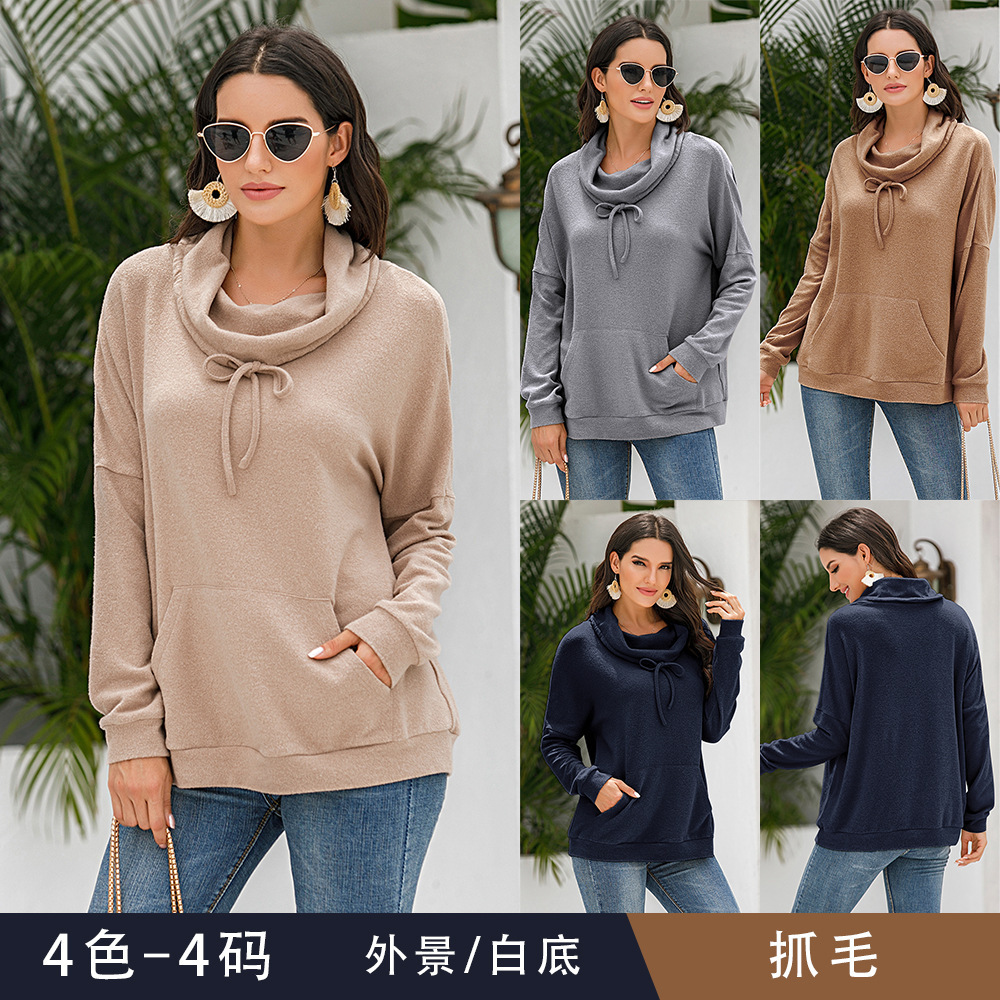 亚马逊秋冬外贸女装羊绒纯色套头抽绳卫衣毛绒上衣 女