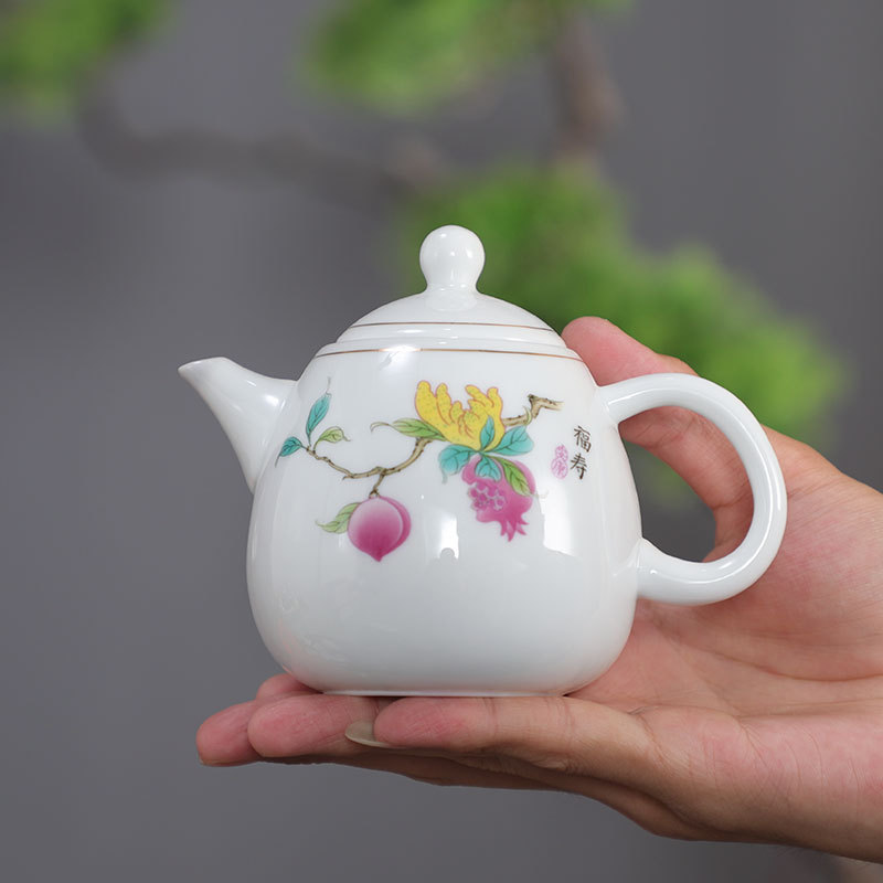 阅锐德化白瓷功夫茶壶荷花家用茶具寿桃泡茶壶山水描金小壶带过滤