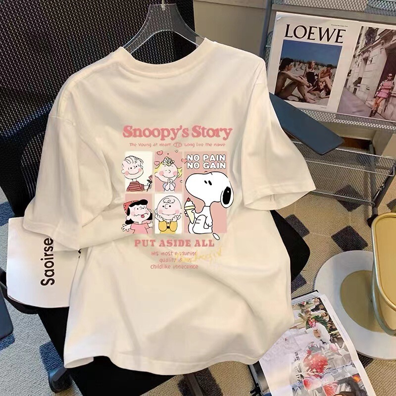 Pure Cotton Back Collar Cartoon Japanese Style Summer New Snoopy Print Short-Sleeve T-Shirt Unisex Loose Casual Pure Cotton Back Collar Cartoon Japanese Style Summer New Snoopy Print Short-Sleeve T-Shirt Unisex Loose Casual