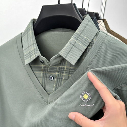 Men's 2024 Spring and Autumn Long-Sleeve Glued T-Shirt, Pseudo Two-Piece Casual Grid Base Shirt with Stripes, Mid-Age Top