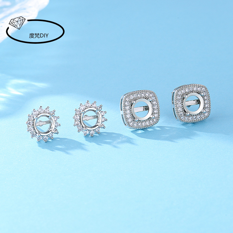 cross-border e-commerce 925 silver-plated ear studs eardrop frame luxury earrings style internet celebrity full diamond round inlaid diy semi-finished products