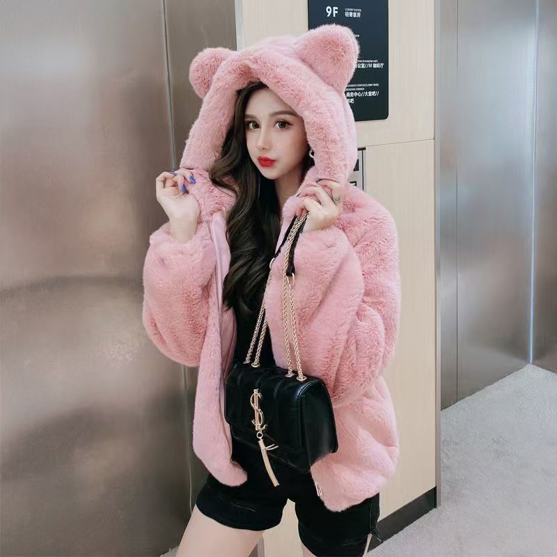 2024 Winter New Cute Bear Ear Fur Plush Warm Loose Mink Mist Fur Coat for Women