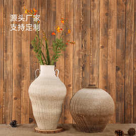 侘寂风复古陶瓷花瓶景德镇客厅摆件轻奢酒店民宿茶室桌面装饰陶罐