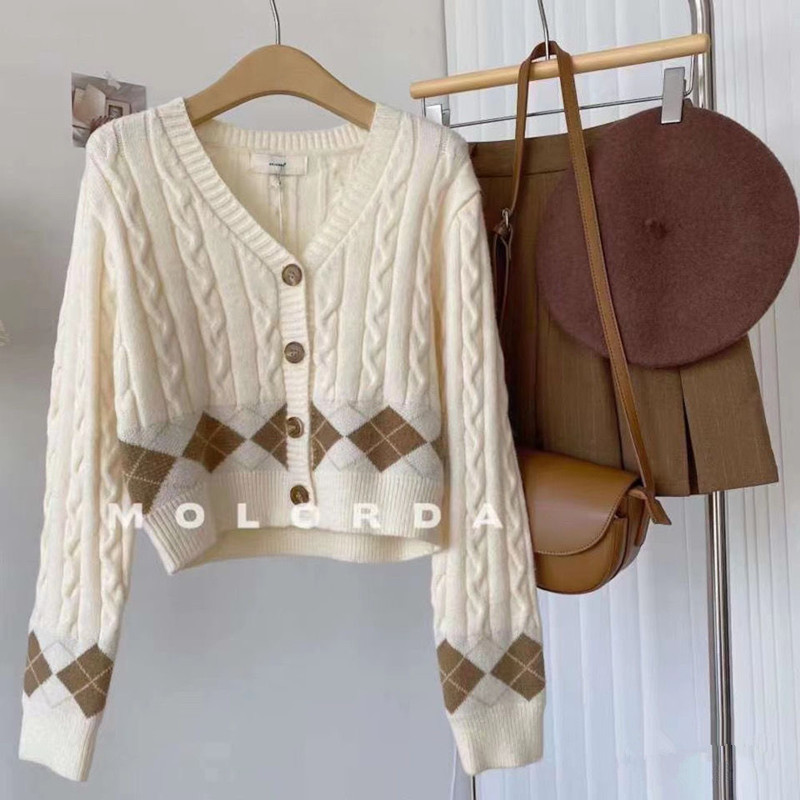 Hemp pattern sweater coat for women 2024 autumn and winter new student short gentle sweet cardigan plaid sweater
