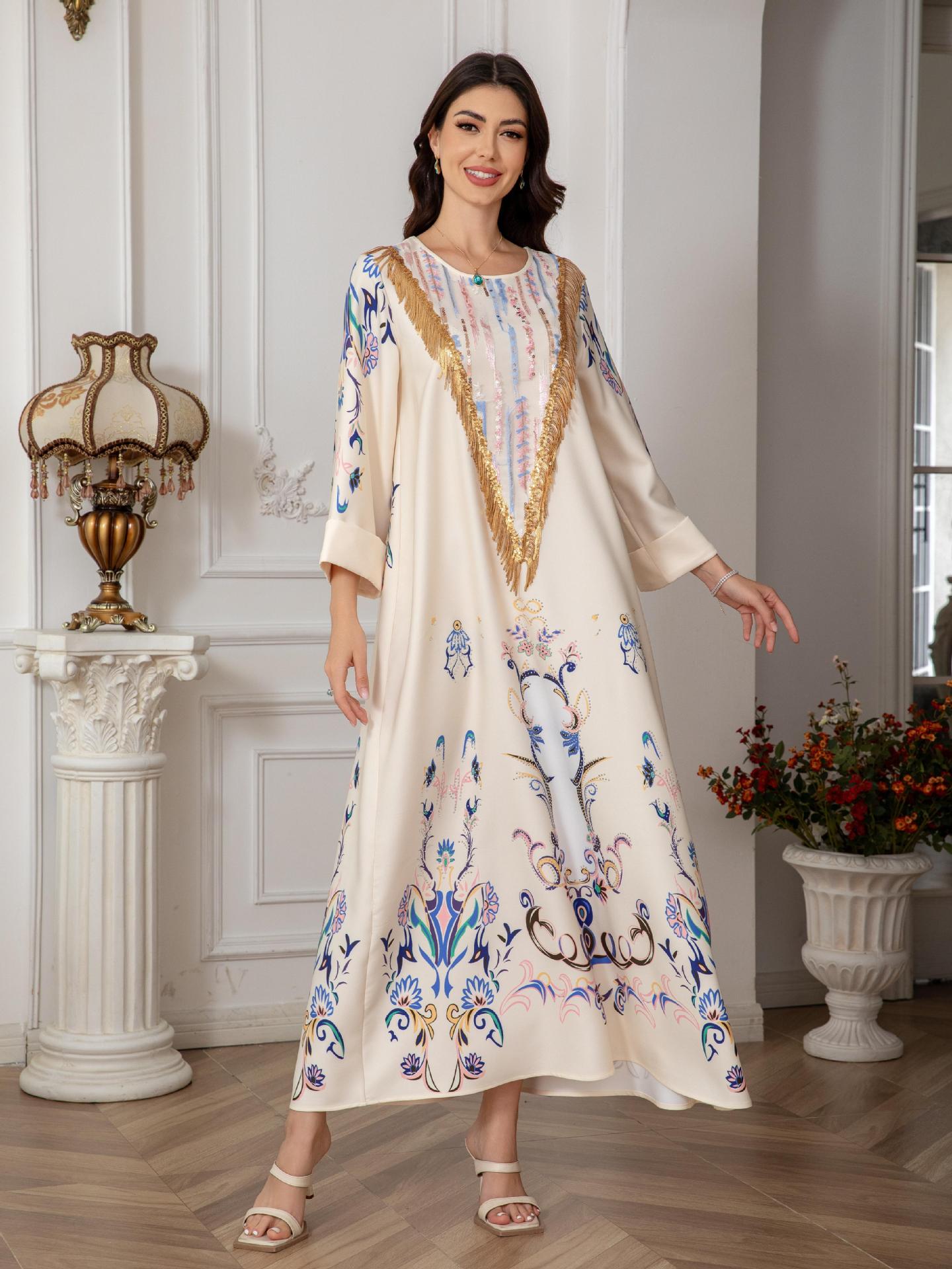 SW0811 Middle East Muslim Women's Long Robe European And American Cross-Border Printed Evening Abaya Dress_ecoleips.com