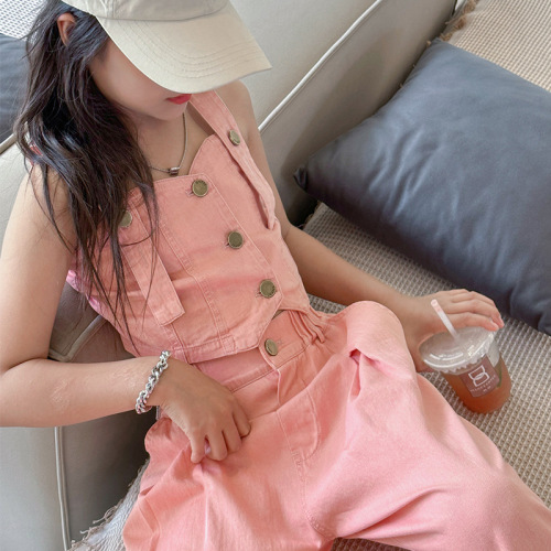 Korean children's clothing girls denim set 2024 summer outfit for girls tank top vest straight pants two-piece set stylish