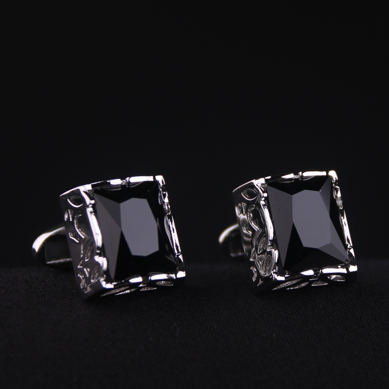 Black Agate Rectangular Cufflinks, Men's French Shirt Cufflinks, Black Agate Cufflinks