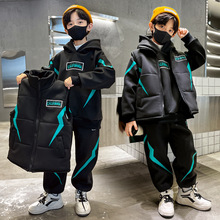 男童套装加绒加厚2025新款秋冬季中大儿童男孩洋气卫衣三件套韩版