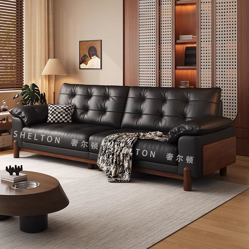 Vintage-Style Sofa for Living Room, Simple Design for Small Apartments, Black Top-Grain Leather, Cloud-Shaped, Retro Style, Straight Three-Seater