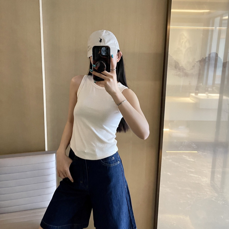 Lulu Style Spring and Summer Versatile Solid Color Embroidered Round Neck Tank Top Slim Fit High-Elastic Ribbed Fabric Top