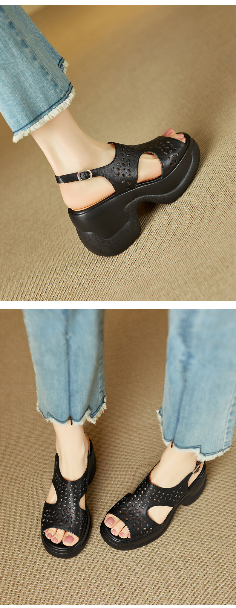 Sandal cao gót nữ quai ngang đế xuồng gót 9 cm — đen chi tiết 5