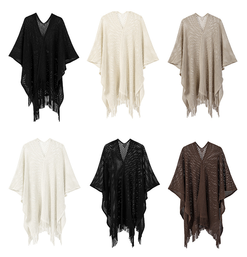 Scialle unisex in maglia a maglia con frange sottili e cave, tinta unita_voghion.com