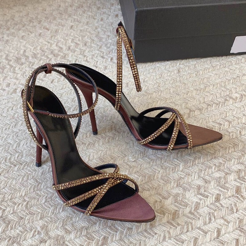 2024 Summer Rhinestone Brown Stiletto Satin Open-Toe Pointed Toe Cross Strap Sandals Women's High Heels