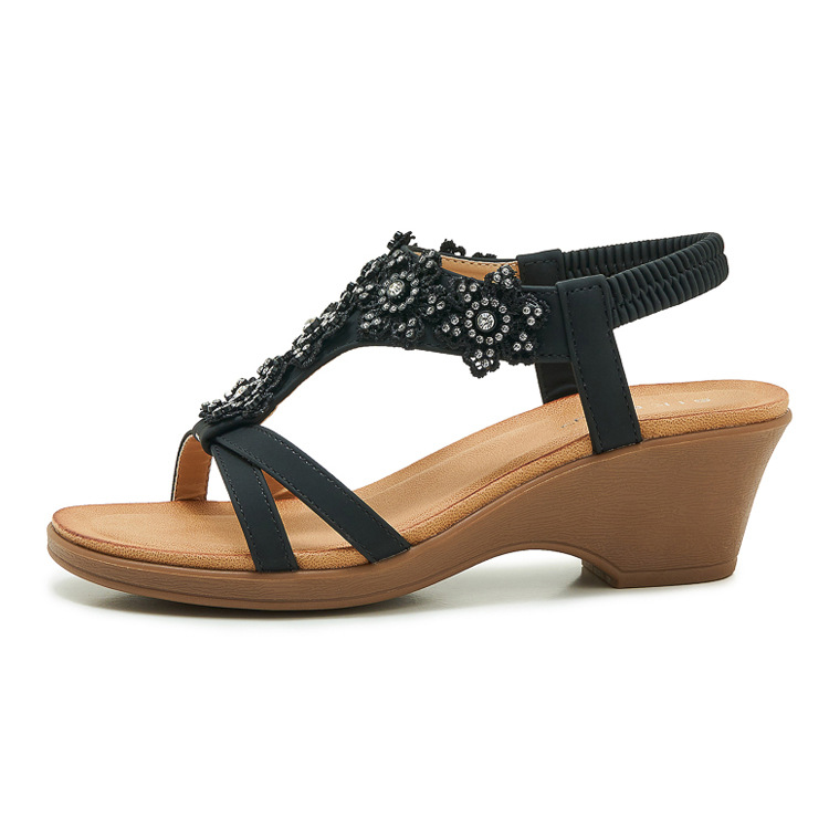 Sandal đế xuồng đính đá hoa nữ gót cao 9 cm — màu đen, trắng, quả mơ chi tiết 27