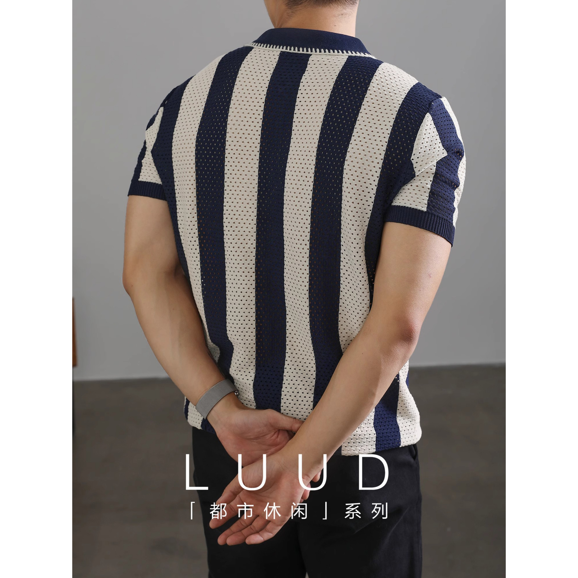 POLO camisa solapa suéter de manga corta hombres rayas huecas media cremallera negocios británicos verano comercio exterior transfronterizo al por mayor
