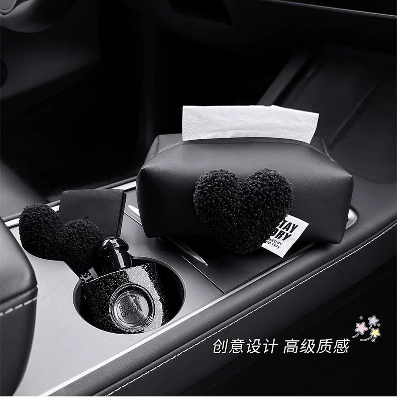 Plush heart-shaped car tissue box, car interior armrest tissue holder, car center console tissue bag, with a luxurious feel