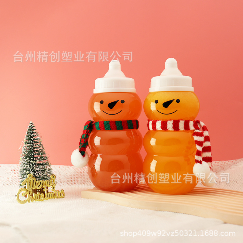 500ml圣诞雪人奶茶冷饮杯pet加厚塑料大口径一次性密封包装瓶