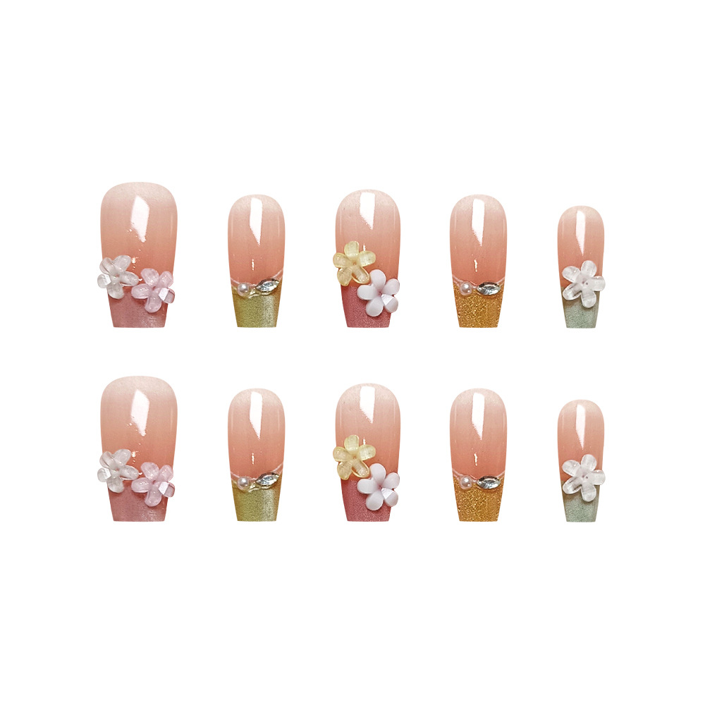 Juego de 10 piezas de decoración floral para uñas, uñas postizas hechas a mano de alta gama, pegatinas de uñas 3D con efecto ojo de gato y diamantes de imitación, tendencia en TikTok.