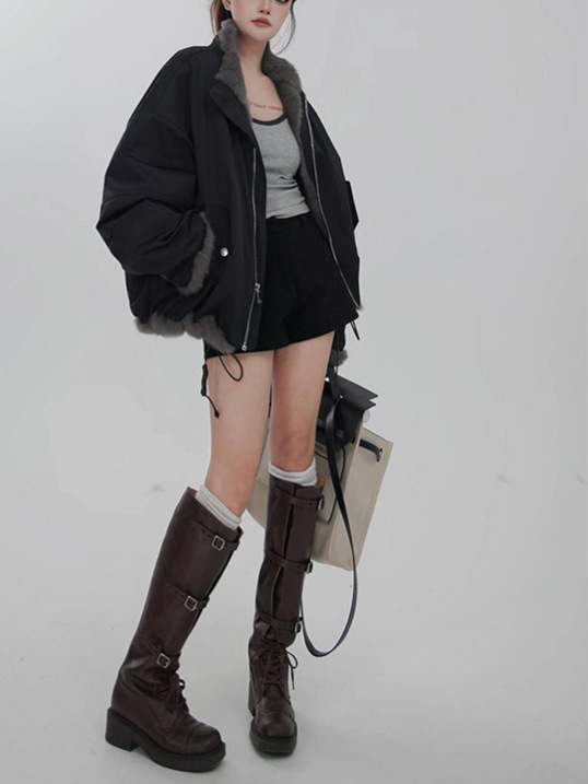 仿兔毛一体外套女2025冬季新款韩版仿皮草立领双面穿保暖派克服女|undefined