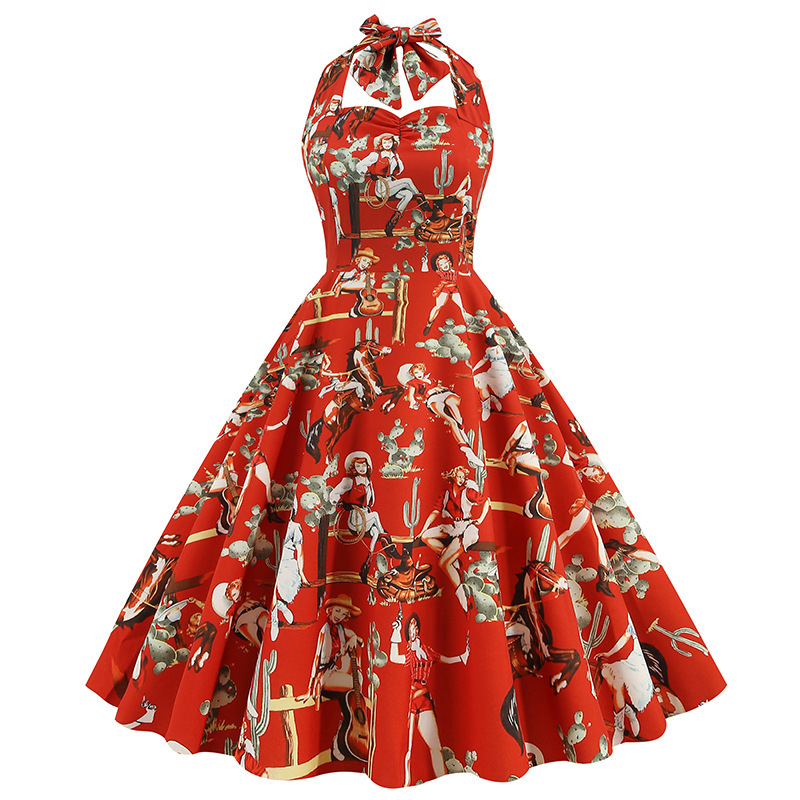 dress cross-border dress retro rayon printed red neck dress 50 s Hepburn style skirt