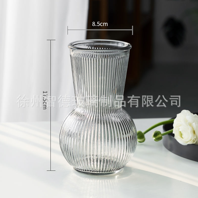 Vaso de vidrio transparente simple a rayas verticales ins viento de alto valor facial hidropónico doméstico rosa lirio al por mayor