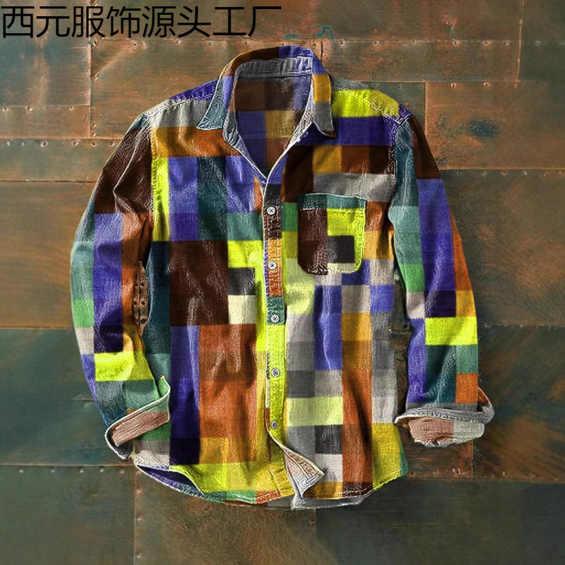 Amazon Twill Shirt Retro Resort Style Hot-Selling Color Matching Printed Trendyy Men's Long-Sleeved Button Top