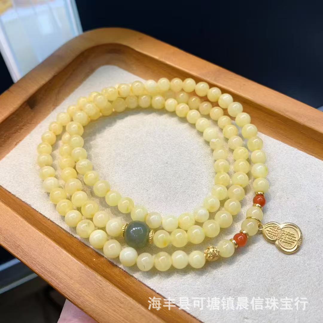 天然琥珀蜜蜡白花蜜圆珠三圈手串搭配海纹石绿松石银配件厂家批发