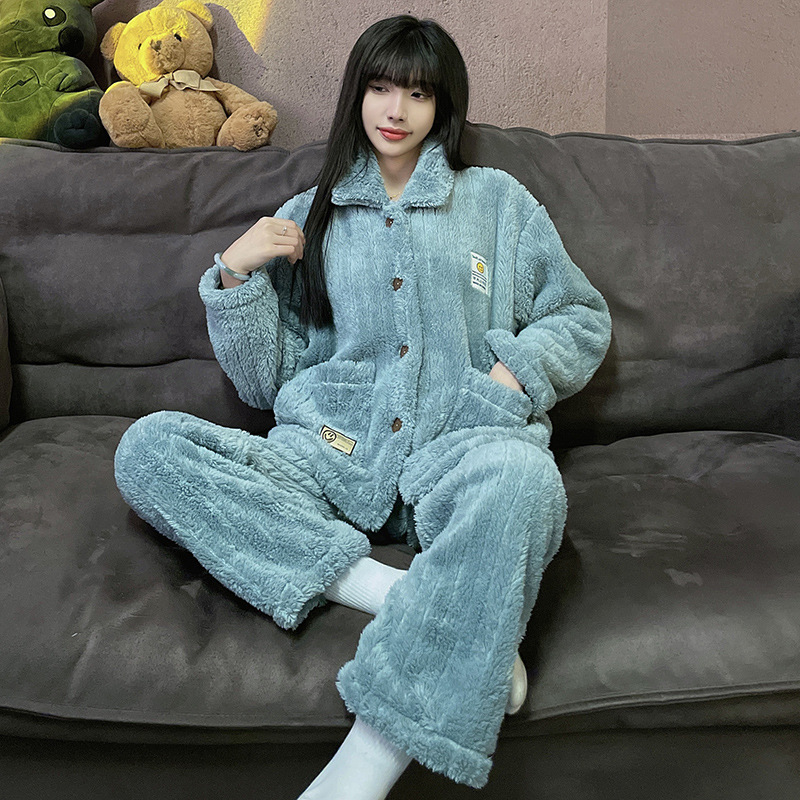 Superior coral azul pijamas pareja de felpa solapa Otoño e Invierno cardigan manga larga engrosada caliente desgaste del hogar traje