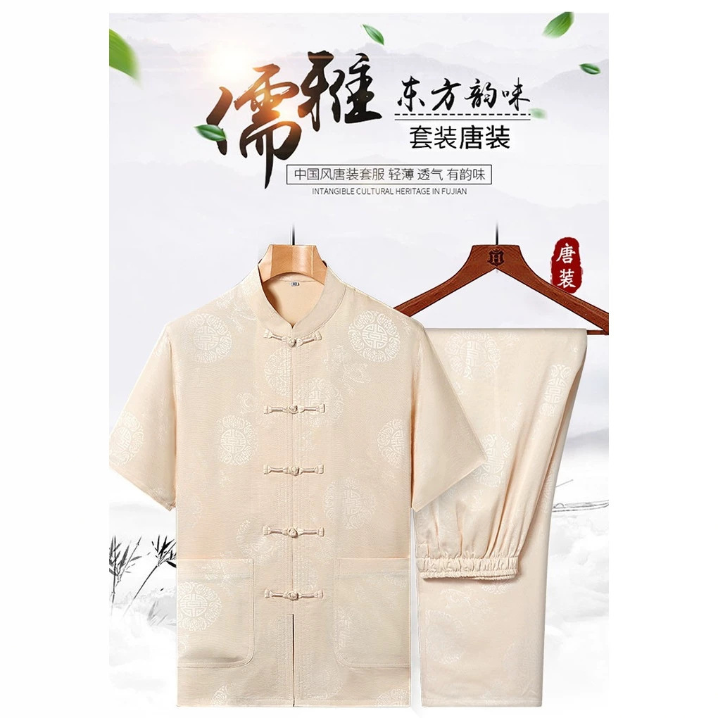 中老年唐装爷爷短袖中国风套装爸爸衬衫舒适贴身穿二件套一件代发