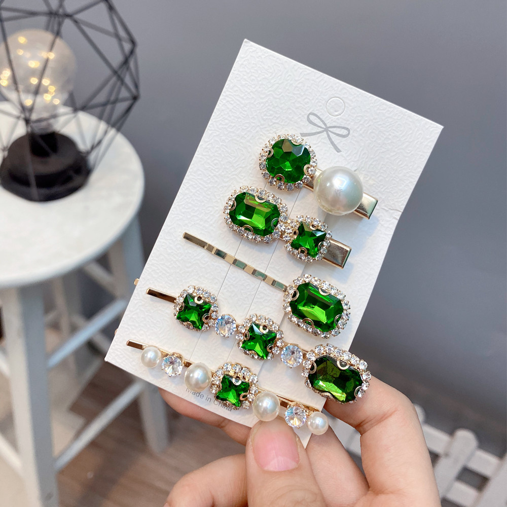 Retro Style Geometric Rhinestone One-word Hair Clip 5-piece Set display picture 3