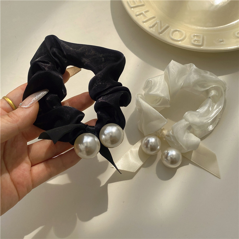 韓版高級感緞面珍珠法式蝴蝶結大腸發圈簡約氣質扎馬尾皮筋發繩女