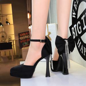 6861-H66M European and American sexy waterproof platform super high heels with large bow at the back, thick heel, single