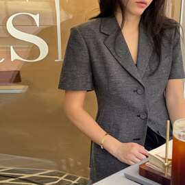 尺寸已更新 法式复古气质优雅小香风收腰单排扣短袖外套女装新款