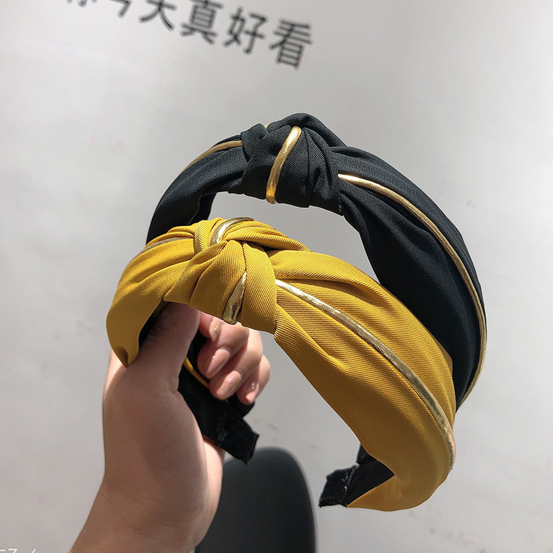 韓版髮飾金邊撞色發窟韓式成人頭箍女士中間交叉打結布藝寬邊發箍
