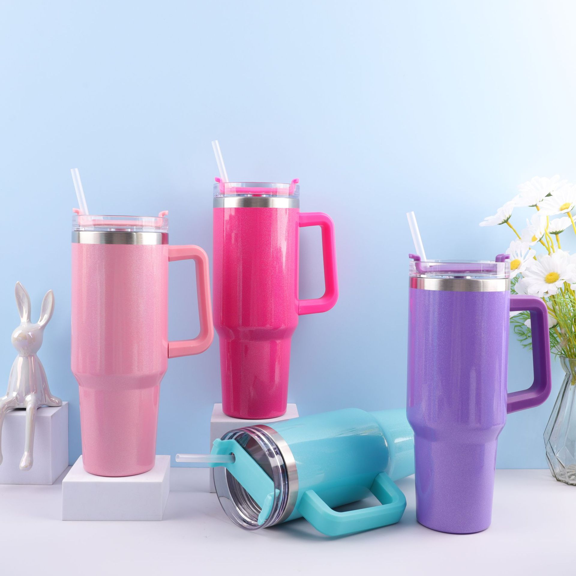 Cross-border 304 pintura del arco iris de acero inoxidable 40Oz Taza del coche paja gradiente hielo escudo Copa montado en el coche de gran capacidad termo taza