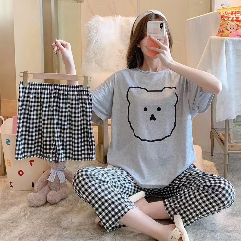 Pijama de verano de mujeres delgado en línea popular estilo coreano estudiantes dulces lindos vestidos para el hogar de mujeres se pueden usar con tres piezas