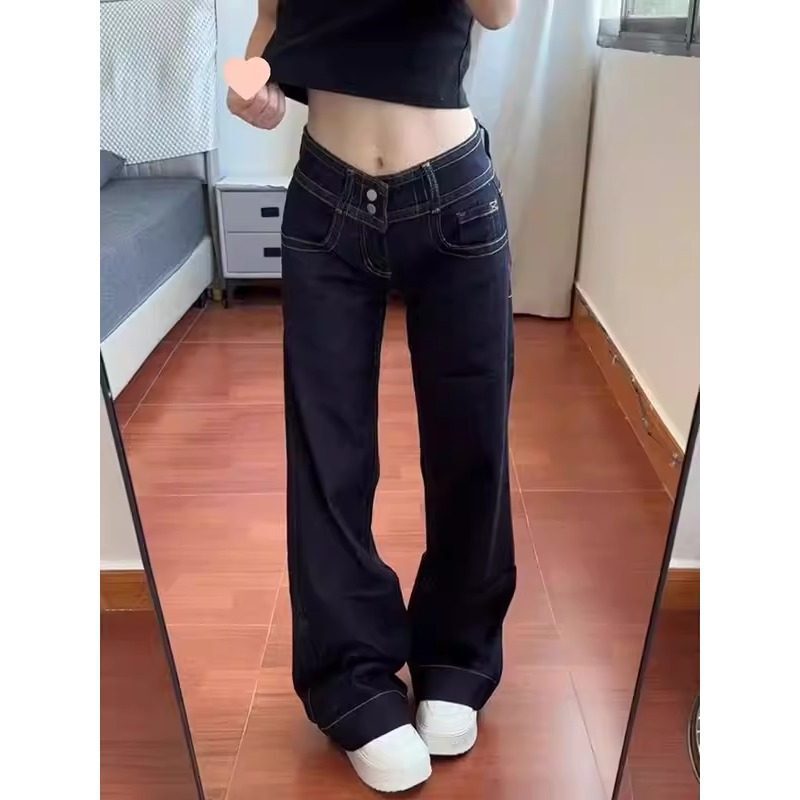 American Retro Style Double Waist Buckle Non-Tight Flared Jeans for Women, Spring and Summer Niche Slimming Versatile Low-Waist Straight Pants