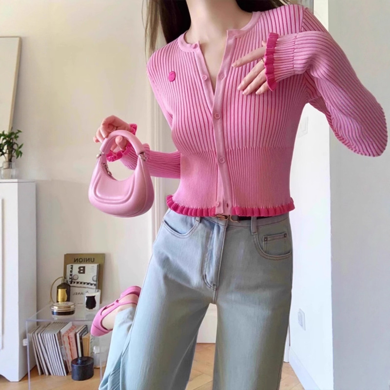 French Pink Knitted Cardigan Jacket for Women 2024 Thin Short Style Long-Sleeved Top Sweater for Work Clothing