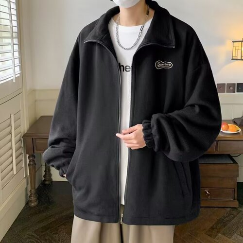 Zippered sweater men's spring and autumn hooded sports cardigan coat fashion brand design loose waffle lapel coat