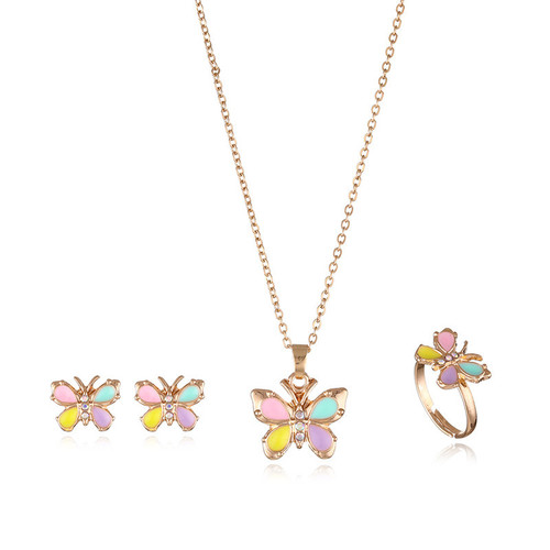 New Alloy Drop Oil Children's Jewelry Set Cartoon Butterfly Heart Necklace Earrings Rings Three-Piece Set Decorations