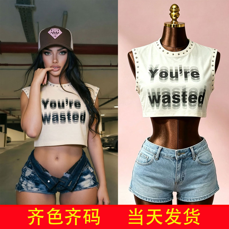 Mh1040 European and American Cross-Border New Niche Design Printed Hand-Painted Rivet Round Neck Loose Short T-Shirt Top
