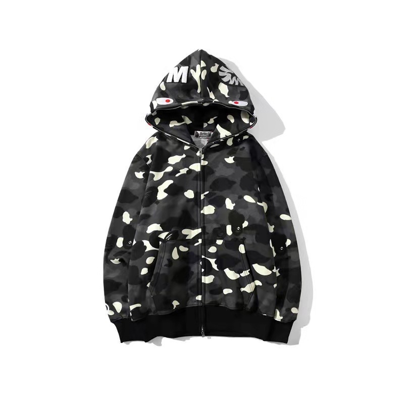 2025 [健康布] 3D デジタル印刷 Bape ブランド シャークヘッド スウェットシャツ メンズ カップル ジッパー カーディガン ベルト付き|undefined
