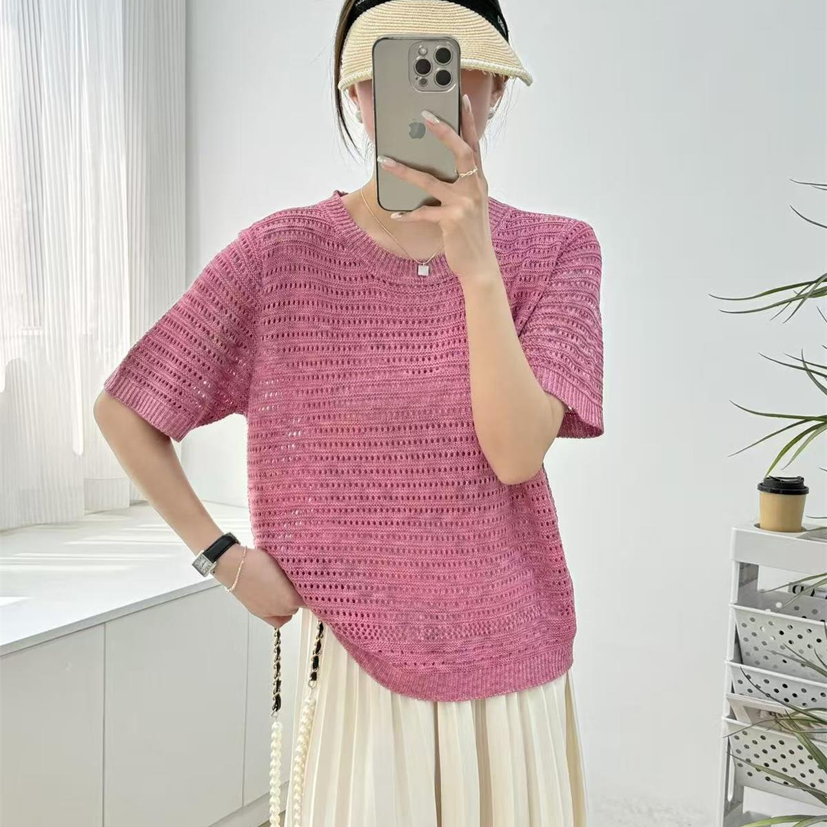 Summer Women's Short-sleeved Crewneck Turtleneck Sweater Loose Hollow Top