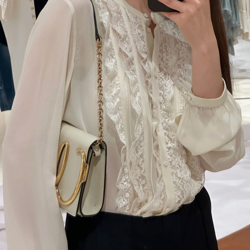 High Fixed Entry Luxury White Mulberry Silk Shirt Women's 2025 Spring New Silk Lace Ruffled Elegant Long Sleeve Shirt