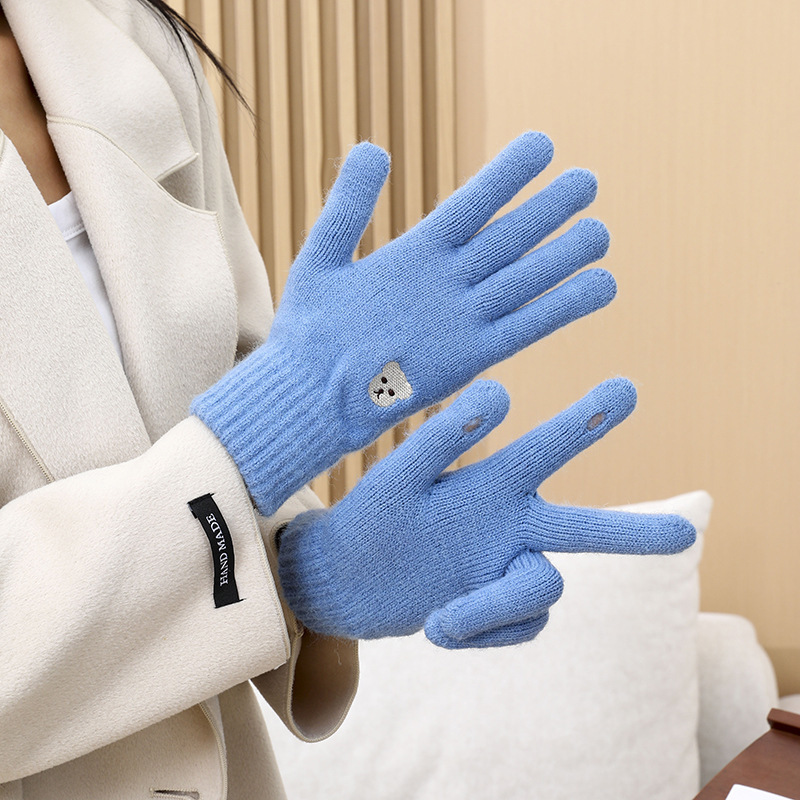 新しい冬の保温かわいいタッチパネルとベルベットの厚い手袋秋冬成人毛銭五本指刺繍露指手袋|undefined